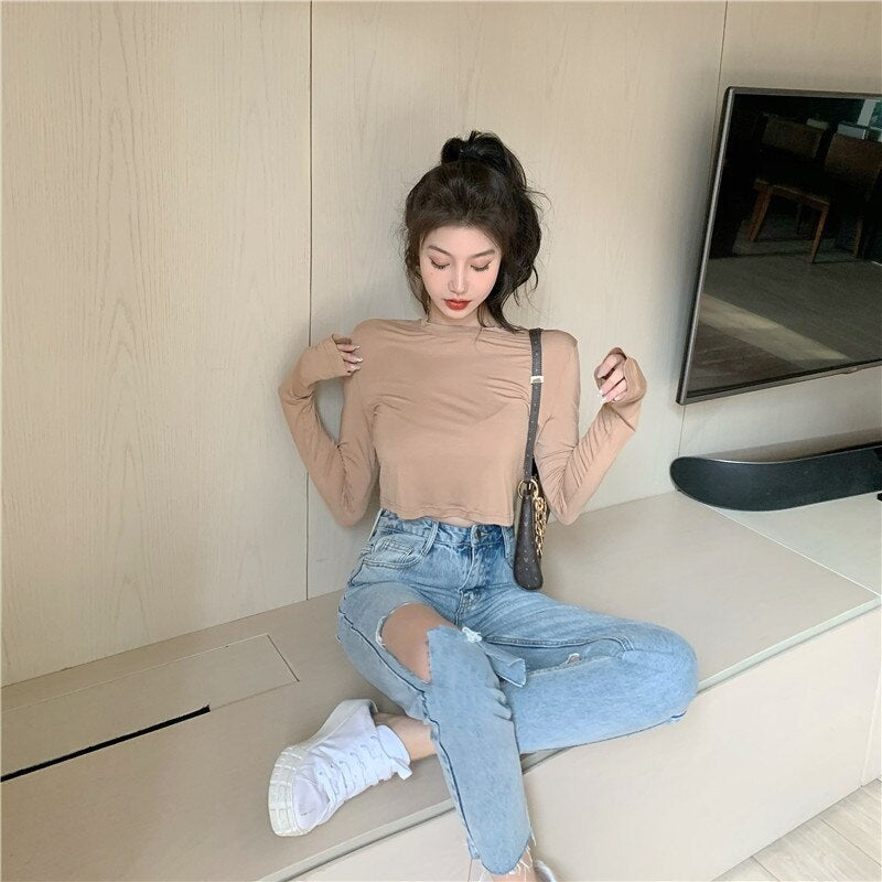 New Casual Short Solid Color Long Sleeve Base T-Shirt Mssza