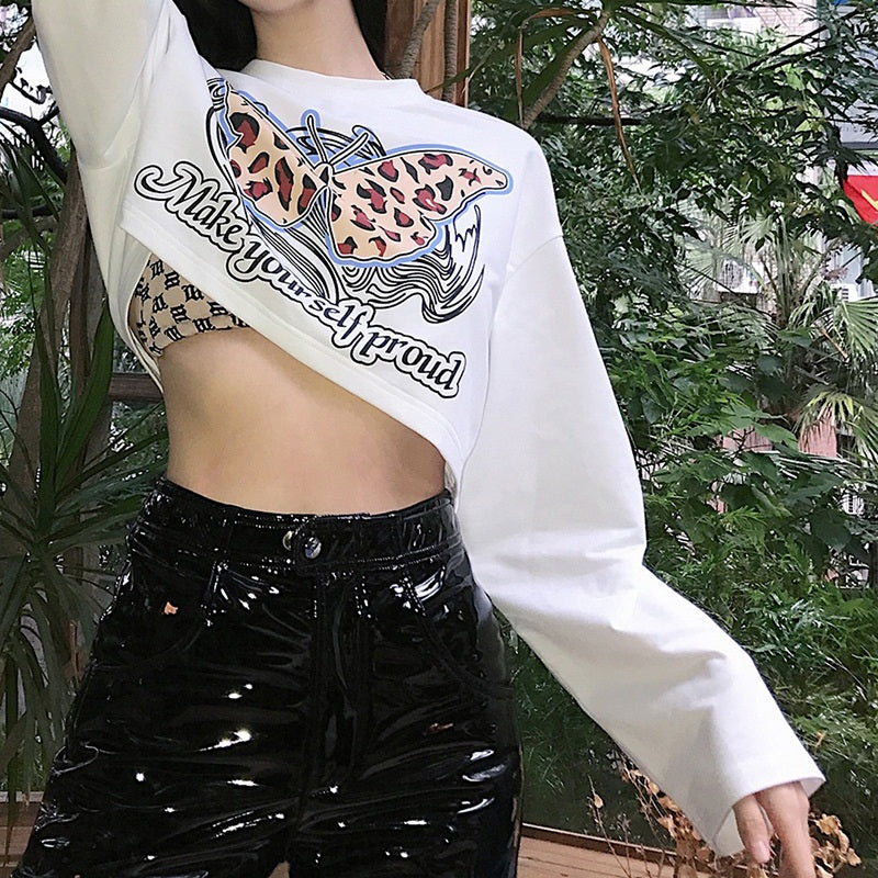 New Butterfly Print Loose O-Neck T-Shirt Mssza