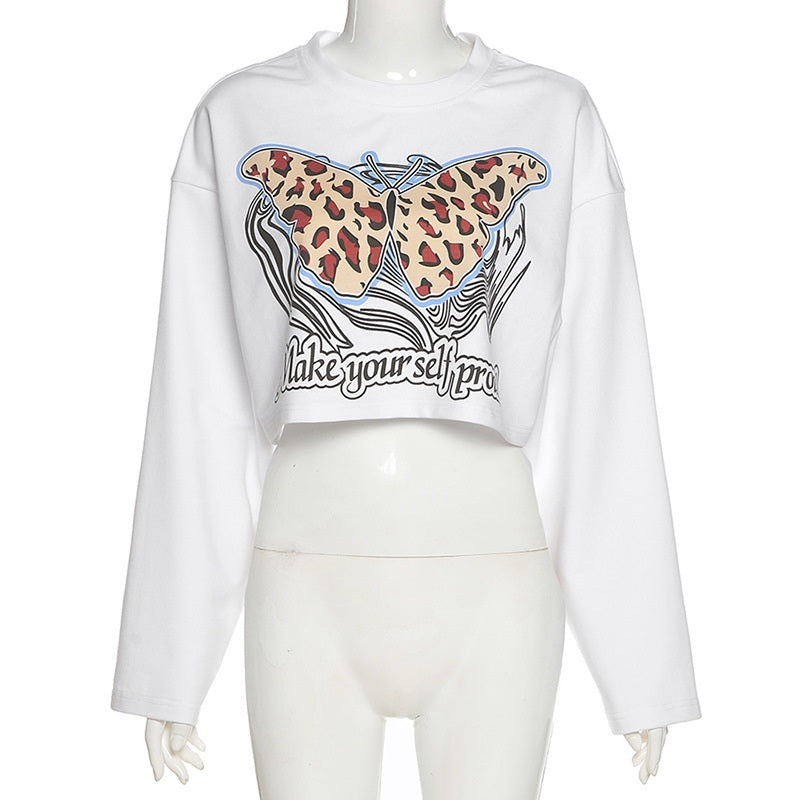 New Butterfly Print Loose O-Neck T-Shirt Mssza