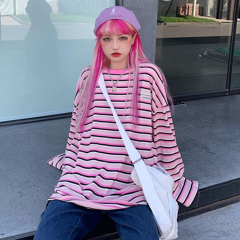 New Letter Loose O-Neck Bottoming Hit Striped Long Sleeve T-Shirt Mssza