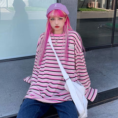 New Letter Loose O-Neck Bottoming Hit Striped Long Sleeve T-Shirt Mssza