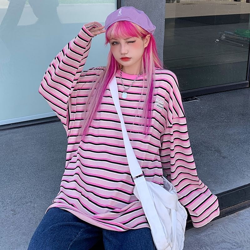 New Letter Loose O-Neck Bottoming Hit Striped Long Sleeve T-Shirt Mssza