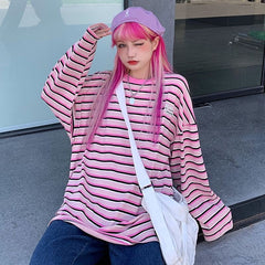 New Letter Loose O-Neck Bottoming Hit Striped Long Sleeve T-Shirt Mssza