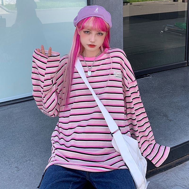 New Letter Loose O-Neck Bottoming Hit Striped Long Sleeve T-Shirt Mssza