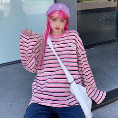 New Letter Loose O-Neck Bottoming Hit Striped Long Sleeve T-Shirt Mssza