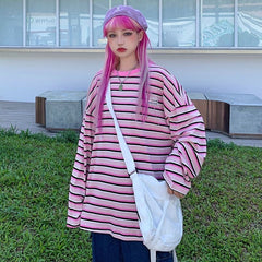 New Letter Loose O-Neck Bottoming Hit Striped Long Sleeve T-Shirt Mssza
