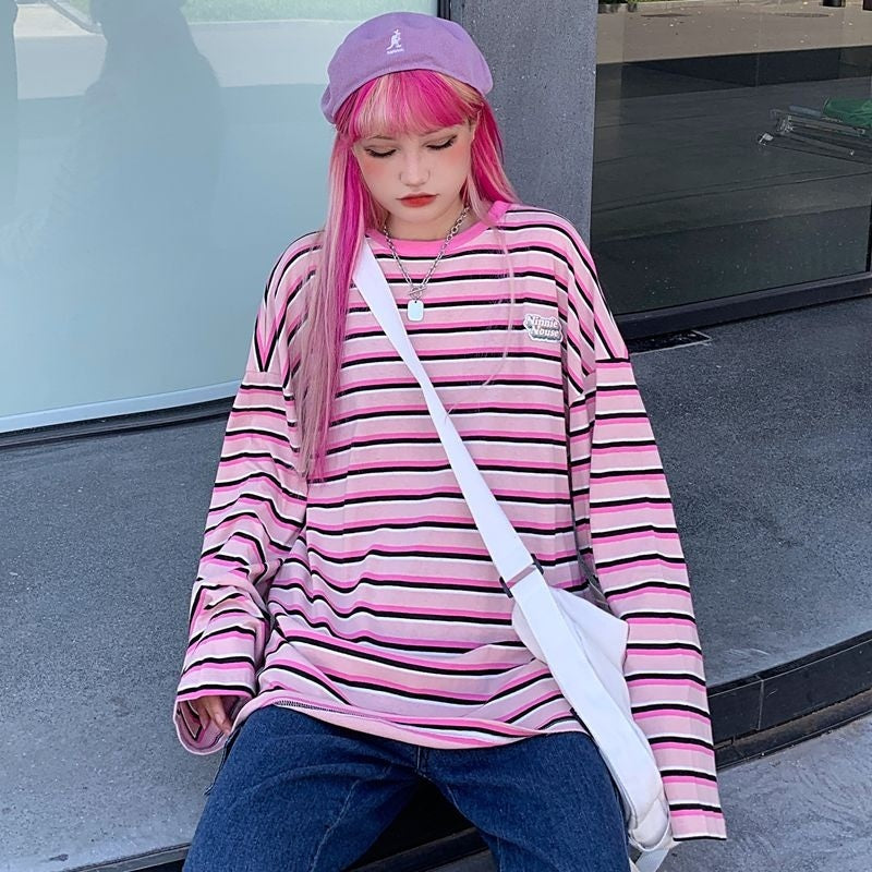New Letter Loose O-Neck Bottoming Hit Striped Long Sleeve T-Shirt Mssza