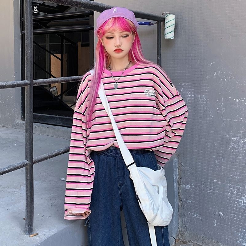 New Letter Loose O-Neck Bottoming Hit Striped Long Sleeve T-Shirt Mssza