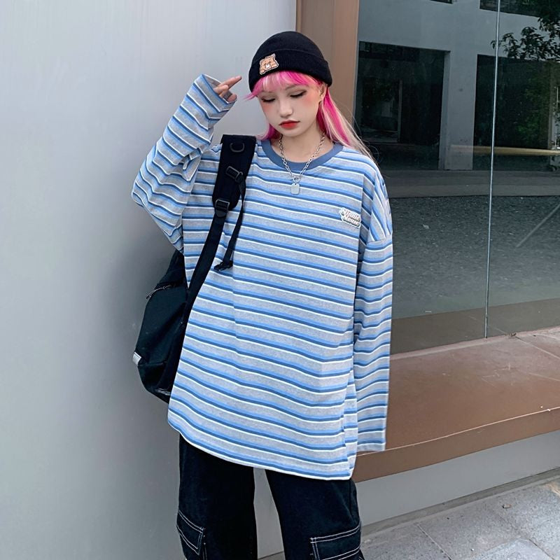 New Letter Loose O-Neck Bottoming Hit Striped Long Sleeve T-Shirt Mssza