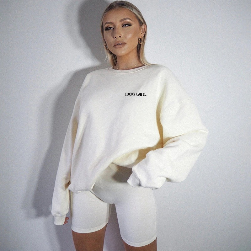 New Long Sleeve Loose Pullover Biker Shorts Two Piece Sets Mssza