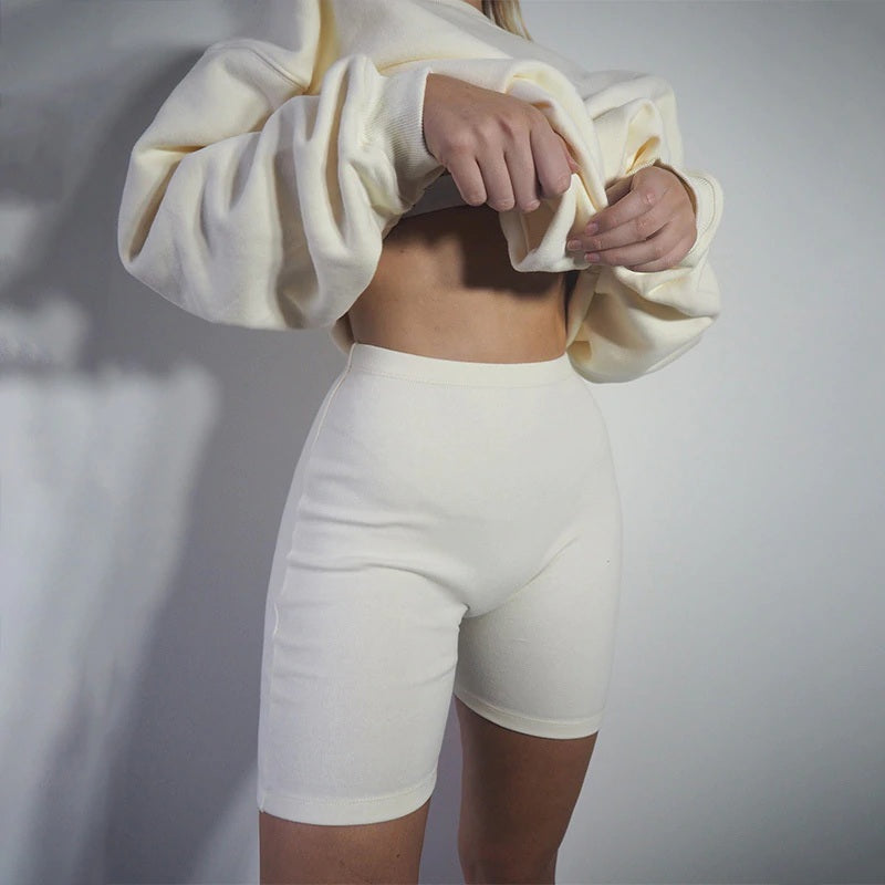 New Long Sleeve Loose Pullover Biker Shorts Two Piece Sets Mssza