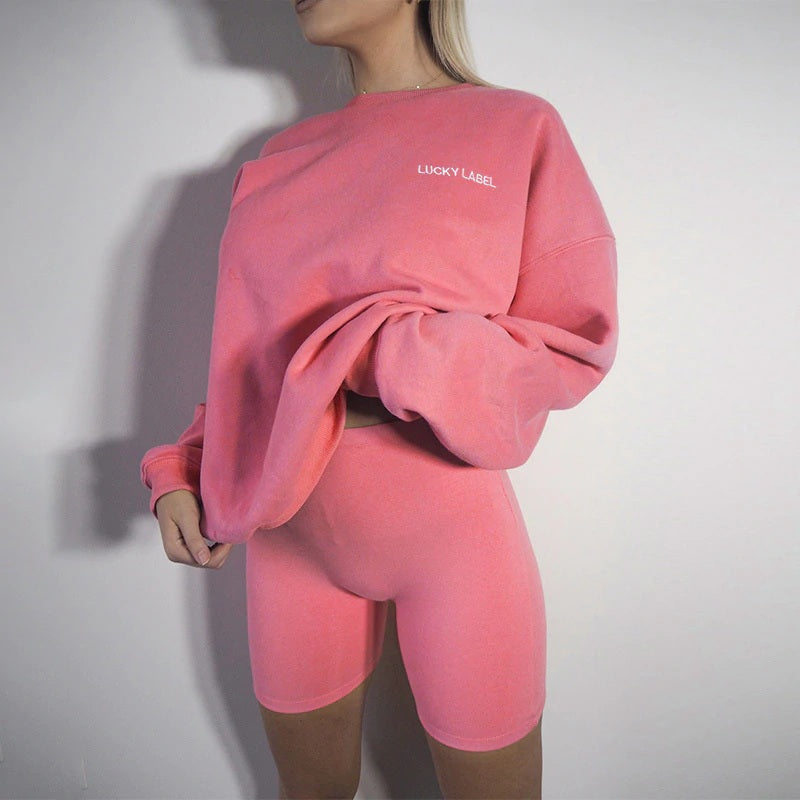 New Long Sleeve Loose Pullover Biker Shorts Two Piece Sets Mssza