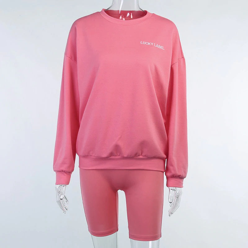 New Long Sleeve Loose Pullover Biker Shorts Two Piece Sets Mssza