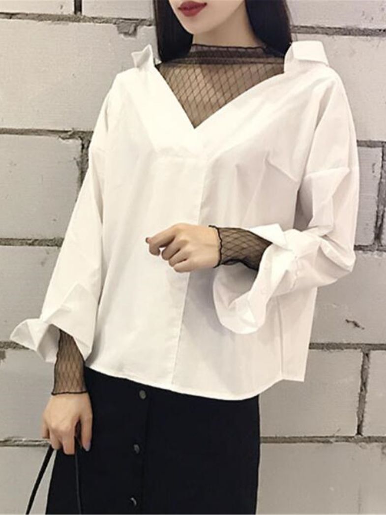 Preppy Style Cute Patchwork Mesh Striped V-Neck Two Piece Blouse Shirt Mssza