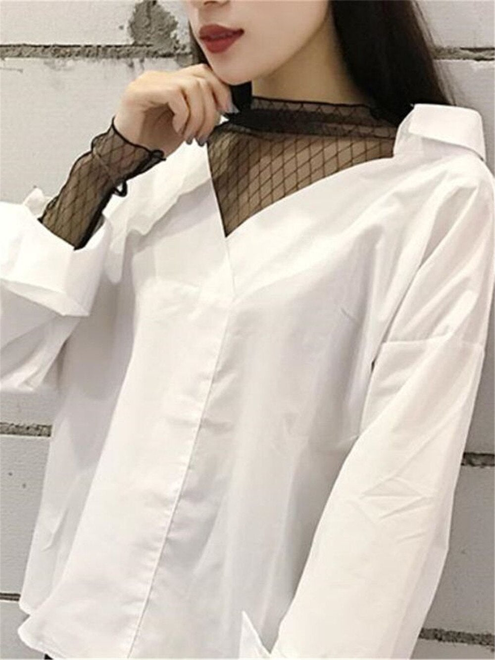 Preppy Style Cute Patchwork Mesh Striped V-Neck Two Piece Blouse Shirt Mssza
