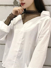 Preppy Style Cute Patchwork Mesh Striped V-Neck Two Piece Blouse Shirt Mssza