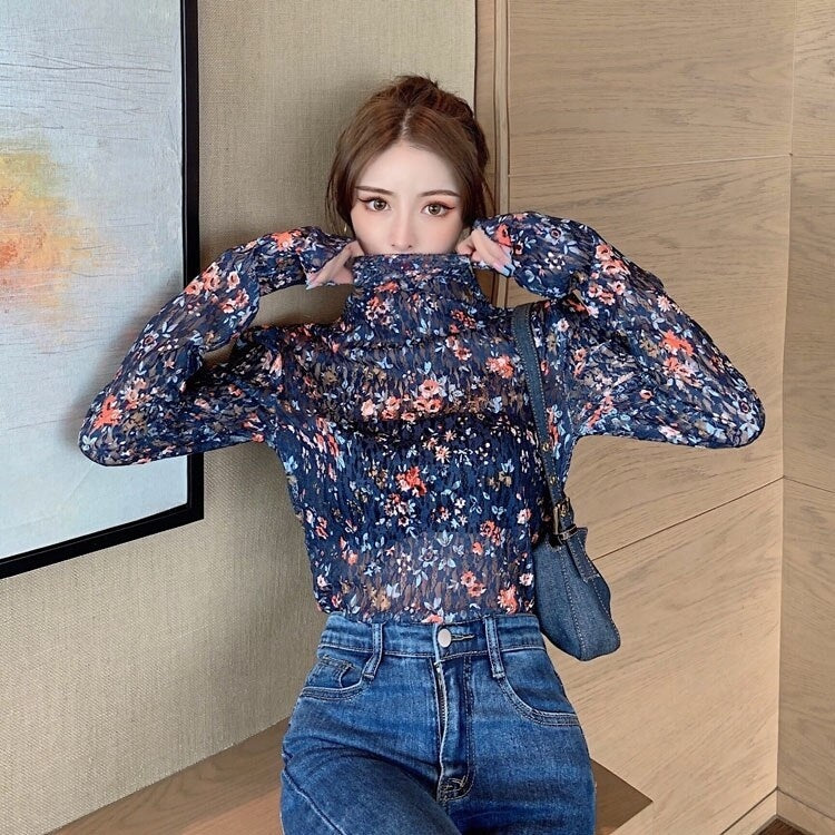New Retro Floral Lace Slim Long-Sleeved T-shirt Mssza