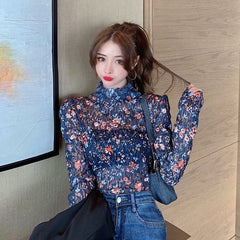 New Retro Floral Lace Slim Long-Sleeved T-shirt Mssza