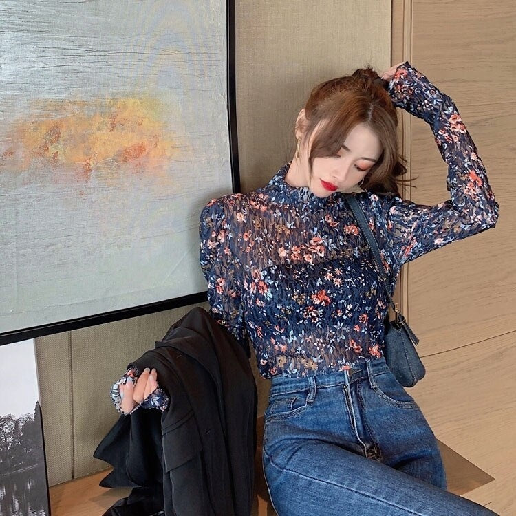 New Retro Floral Lace Slim Long-Sleeved T-shirt Mssza
