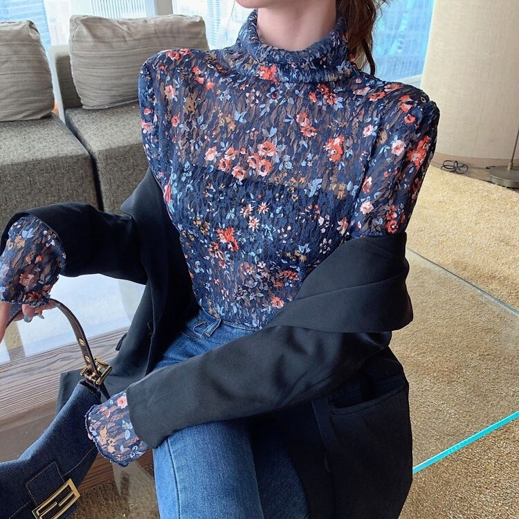 New Retro Floral Lace Slim Long-Sleeved T-shirt Mssza