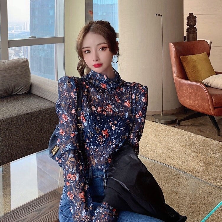 New Retro Floral Lace Slim Long-Sleeved T-shirt Mssza