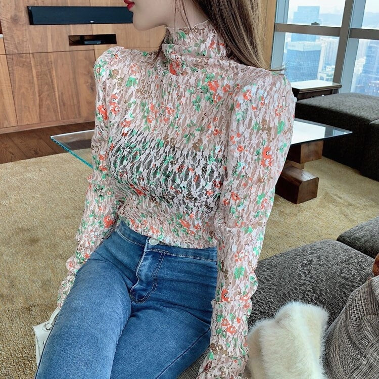 New Retro Floral Lace Slim Long-Sleeved T-shirt Mssza