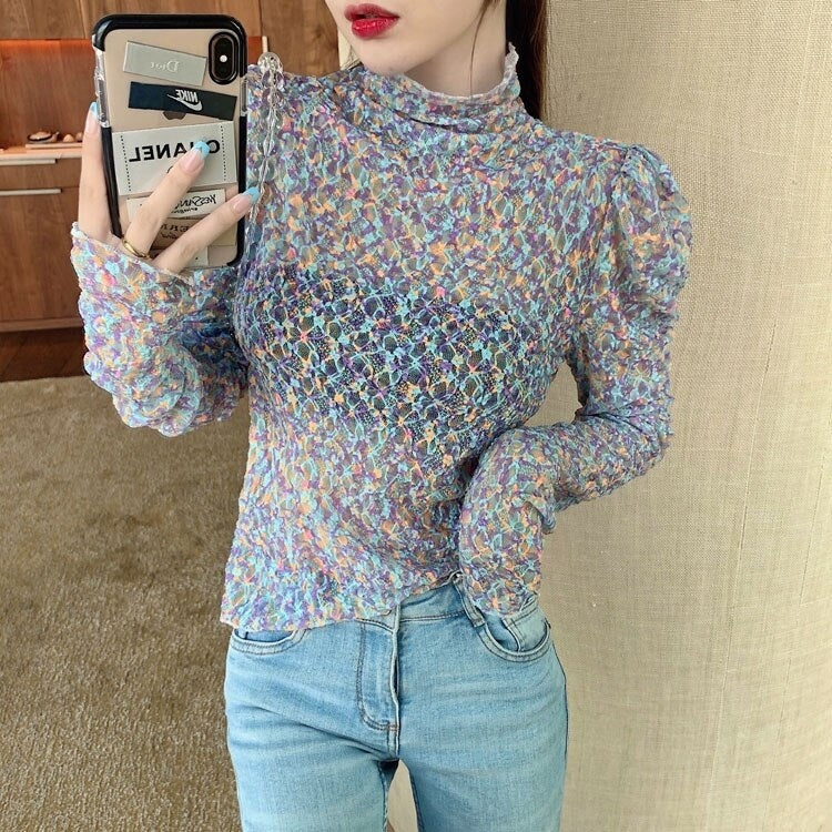 New Retro Floral Lace Slim Long-Sleeved T-shirt Mssza