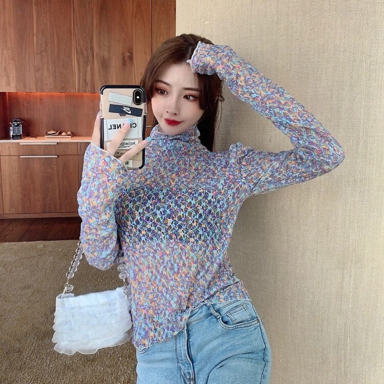 New Retro Floral Lace Slim Long-Sleeved T-shirt Mssza