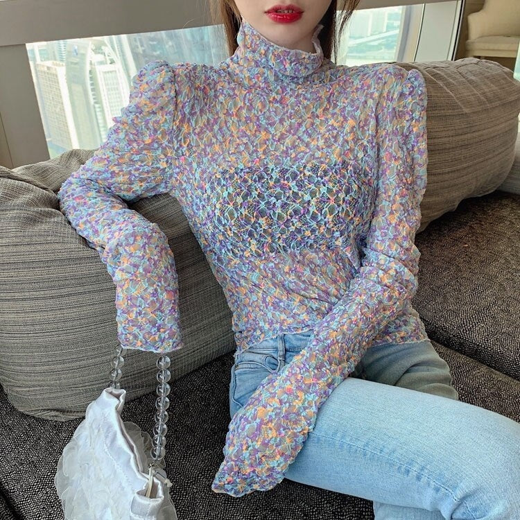 New Retro Floral Lace Slim Long-Sleeved T-shirt Mssza