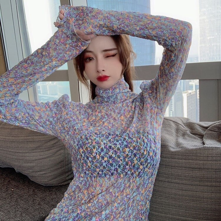 New Retro Floral Lace Slim Long-Sleeved T-shirt Mssza