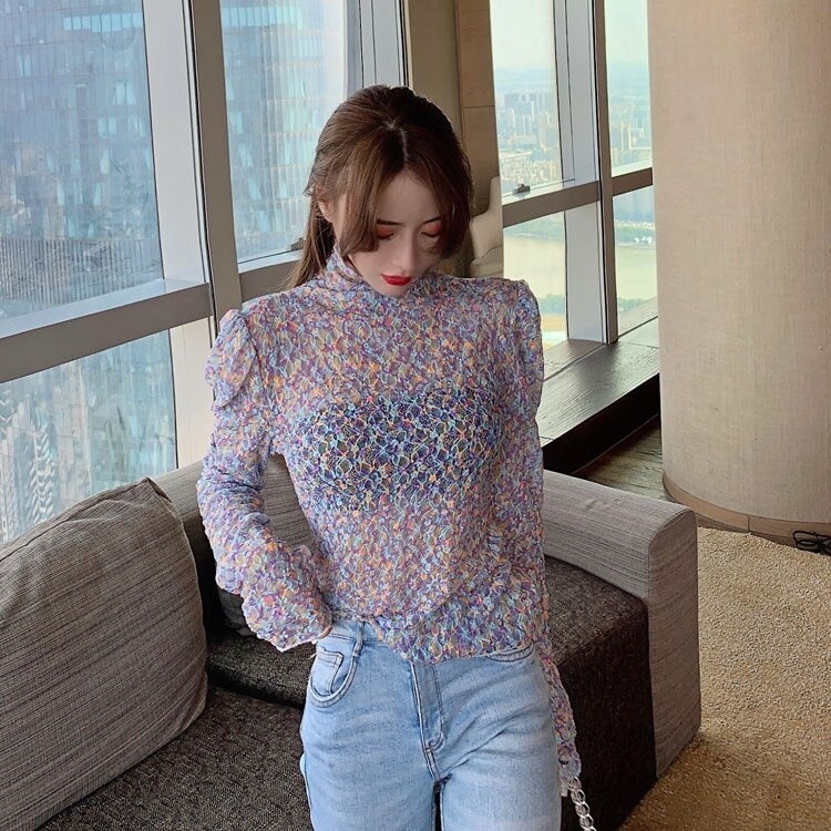 New Retro Floral Lace Slim Long-Sleeved T-shirt Mssza
