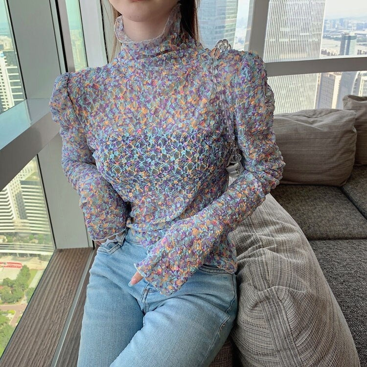New Retro Floral Lace Slim Long-Sleeved T-shirt Mssza