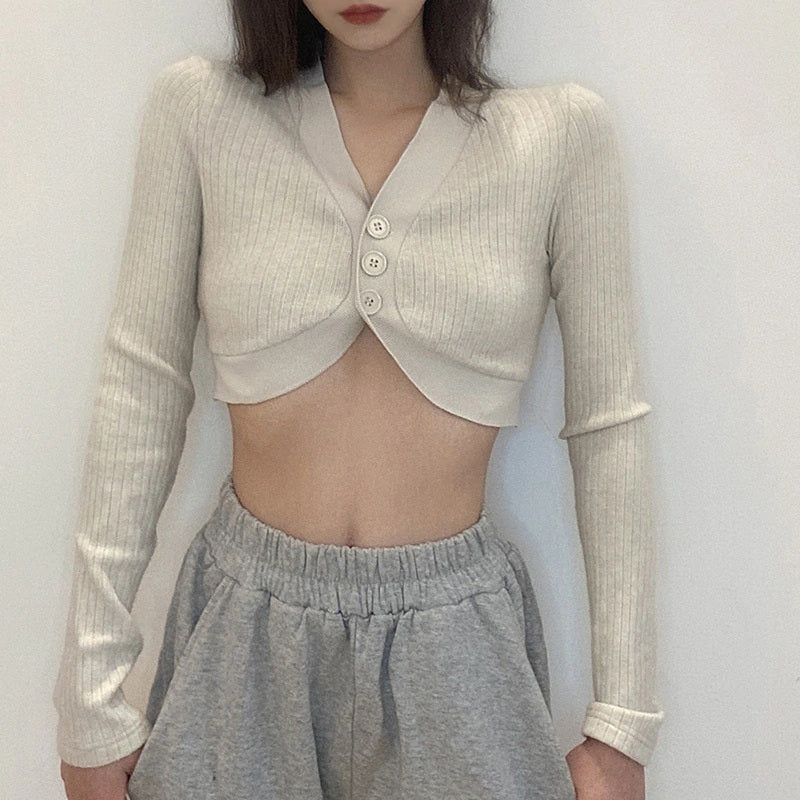 New Solid Color Slim V-Neck Long Sleeved Knitted T-Shirt Mssza