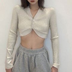 New Solid Color Slim V-Neck Long Sleeved Knitted T-Shirt Mssza
