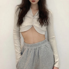 New Solid Color Slim V-Neck Long Sleeved Knitted T-Shirt Mssza