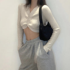 New Solid Color Slim V-Neck Long Sleeved Knitted T-Shirt Mssza