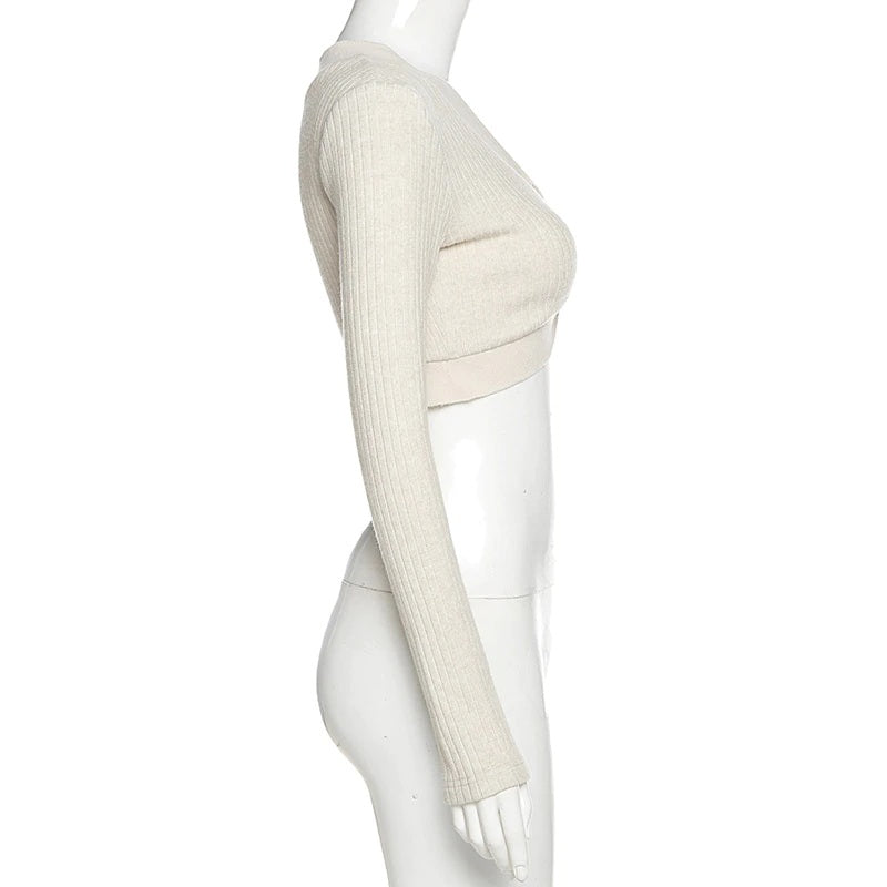New Solid Color Slim V-Neck Long Sleeved Knitted T-Shirt Mssza