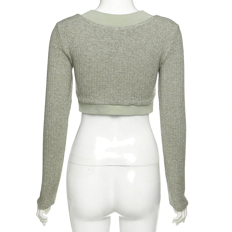 New Solid Color Slim V-Neck Long Sleeved Knitted T-Shirt Mssza