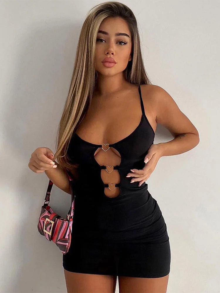 Hollow Love Metal Buckle Solid  Sling Party Mini Cut Out Dress Mssaz Desses