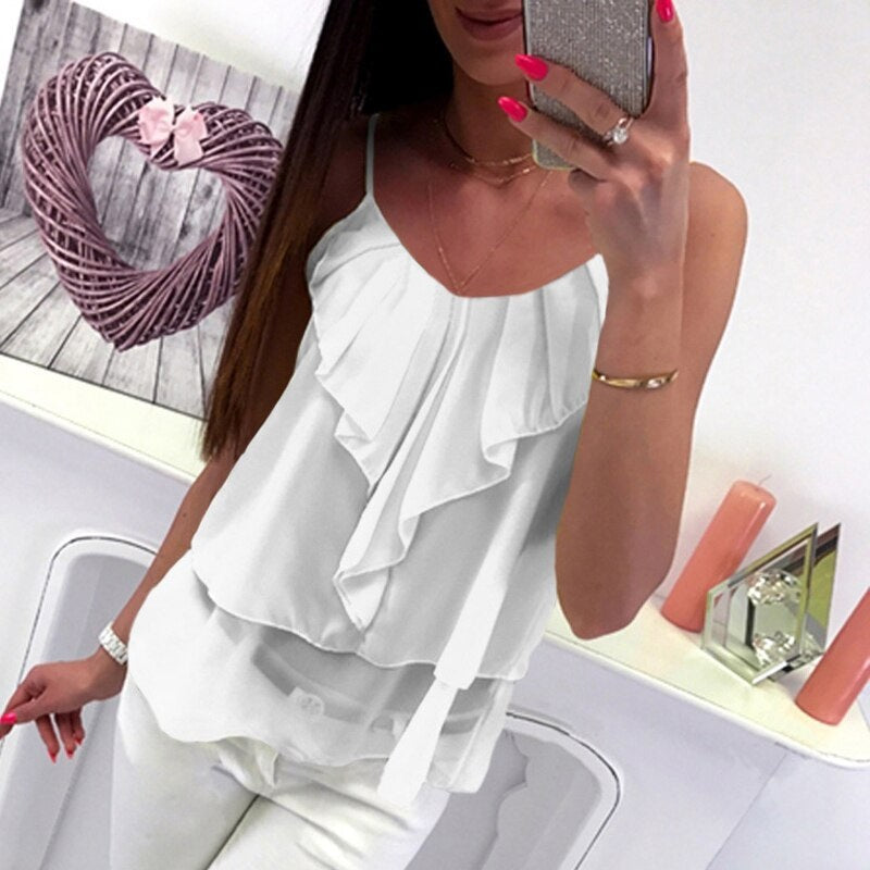 O Neck Ruffle Strap Casual Blouse Mssza