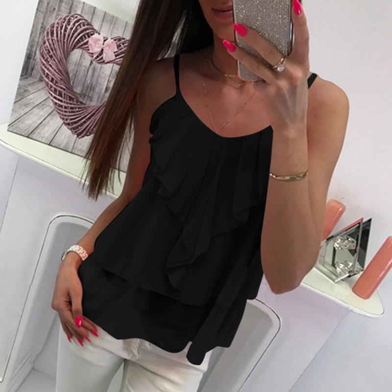 O Neck Tiered Strap Sleeveless Casual Chiffon Blouse Mssza
