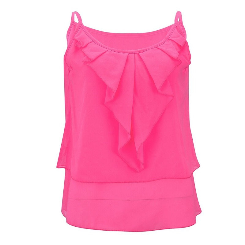 O Neck Tiered Strap Sleeveless Casual Chiffon Blouse Mssza