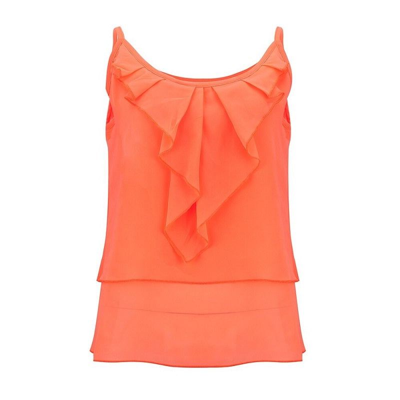 O Neck Tiered Strap Sleeveless Casual Chiffon Blouse Mssza