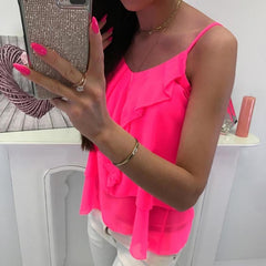 O Neck Tiered Strap Sleeveless Casual Chiffon Blouse Mssza
