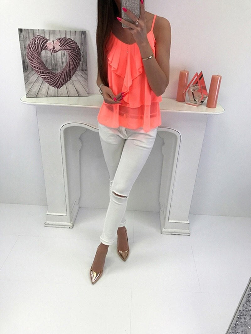 O Neck Tiered Strap Sleeveless Casual Chiffon Blouse Mssza