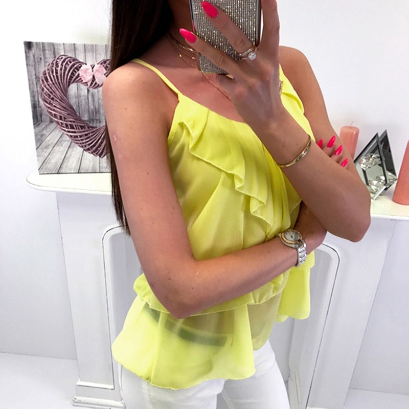 O Neck Tiered Strap Sleeveless Casual Chiffon Blouse Mssza