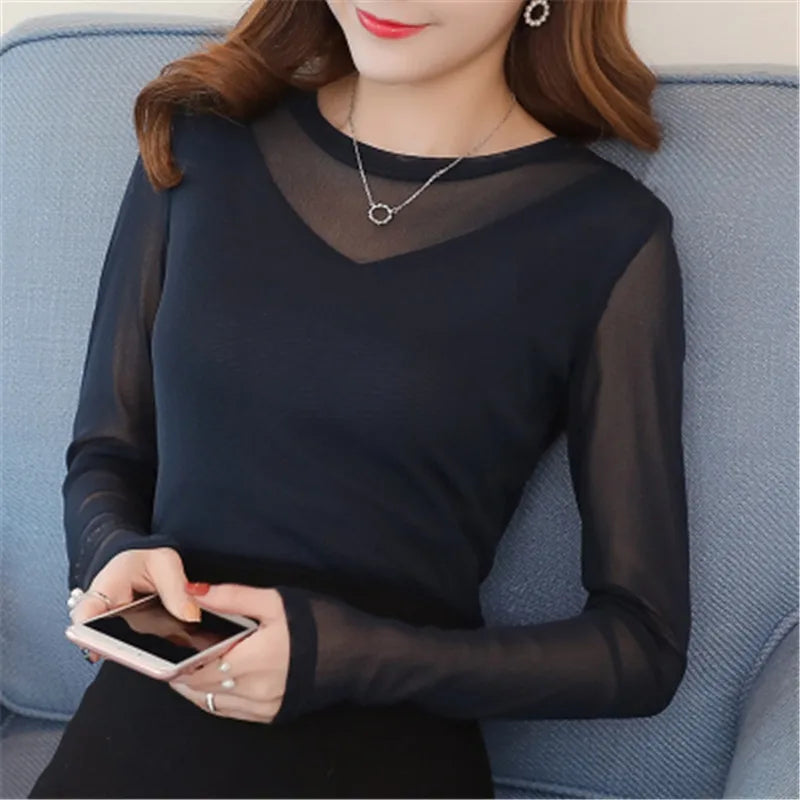 O-Neck long sleeve thin shirt Lace Solid color slim blouse Mssza