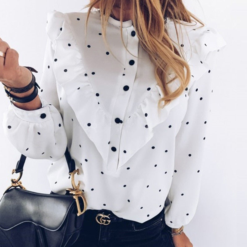 O-neck Buttons Elegant Ruffle Polka Dot Print Street Wear Shirt Mssza