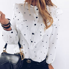 O-neck Buttons Elegant Ruffle Polka Dot Print Street Wear Shirt Mssza