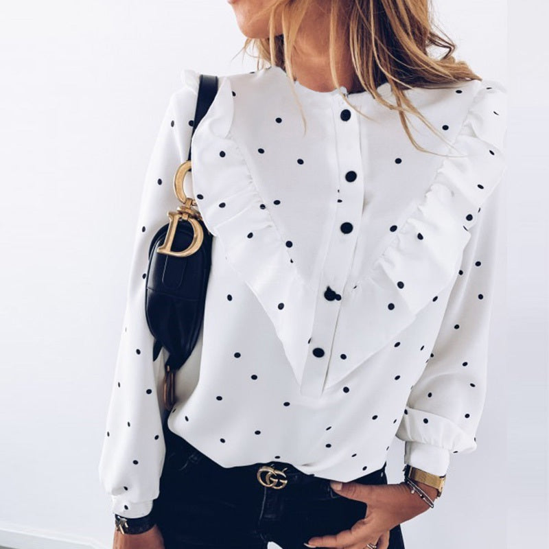 O-neck Buttons Elegant Ruffle Polka Dot Print Street Wear Shirt Mssza